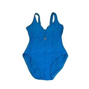 Vintage Textured Swimsuit, Turquoise, Deep-V, Small